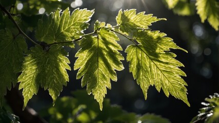 Poster - Sunlight Filters Through Lush Green Leaves in a Serene Forest Setting During a Warm Afternoon in Summer