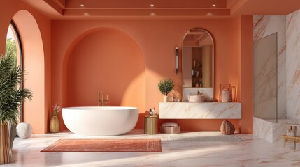 Poster - Peach Fuzz Orange color bathroom interior 2024 - 3D rendering