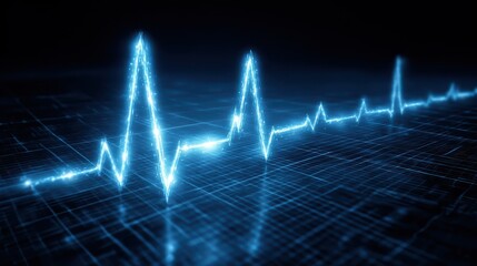 Poster - illustration of a glowing digital heartbeat line on a blue grid background representing health and m