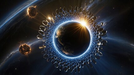 Poster - Artistic Representation of Earth Encircled by Celestial Objects During a Stunning Cosmic Event in Deep Space, Showcasing a Dazzling Sunrise Effect