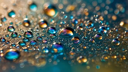 Poster - Close up View of Colorful Water Droplets on a Reflective Surface Illuminated by Soft Light