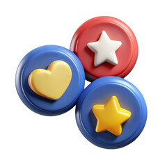 Aufkleber - Three 3d rendered social media icons featuring a yellow heart and two stars on blue and red circular buttons isolated on transparent background