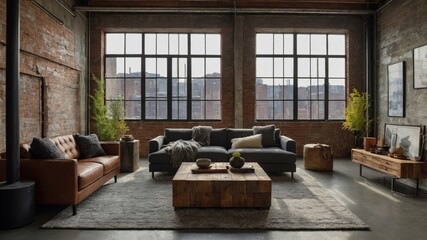 Poster - Modern Industrial Living Room Featuring Cozy Furnishings and Large Windows With City View During Daylight Hours