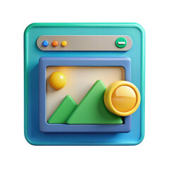 Aufkleber - 3d rendered digital art gallery window icon with mountains and sun isolated on transparent background