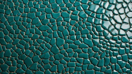 Poster - Mosaic of Cracked Turquoise Tiles Showcasing an Intricate Design With Varying Shapes and Textures, Positioned on a Flat Surface Under Natural Light