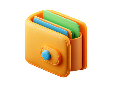 Stylized 3d orange wallet with blue clasp holding credit cards isolated on transparent background