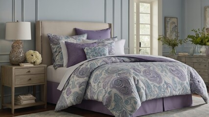 Poster - Elegant Bedroom With Soft Lavender Bedding, Modern Decor, and Natural Light During the Day