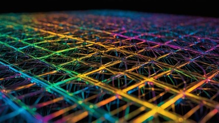 Fototapete - Colorful Abstract Design Showcasing Intricate Patterns of Interconnected Lines and Grids Illuminated With Vibrant Hues Against a Dark Background