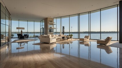 Poster - Modern Living Room With Stunning Waterfront View and Large Windows on a Sunny Day Overlooking the Lake