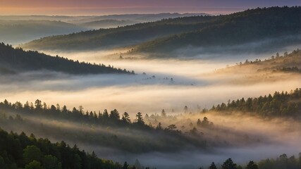 Poster - Morning Mist Envelops Valley as Sunlight Breaks Over Forested Hills in Serene Landscape