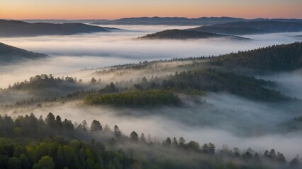 Poster - Morning Mist Rolls Over Hills in a Serene Landscape at Dawn Showcasing Nature's Beauty and Tranquility
