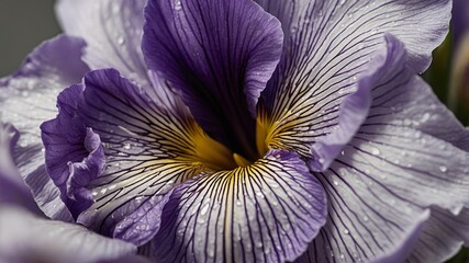 Poster - Purple and White Iris Flower With Delicate Rain Droplets in Close-Up, Showcasing Intricate Petal Details Under Soft Lighting