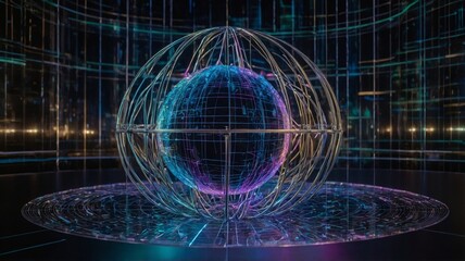 Aufkleber - Futuristic Digital Globe Display Within a Holographic Structure, Showcasing Vibrant Colors and Intricate Data Patterns During an Immersive Technology Exhibition