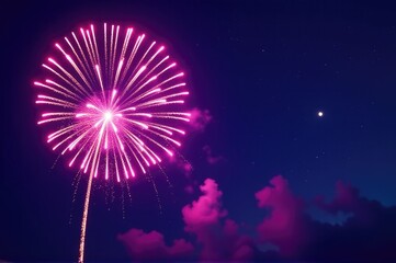 Wall Mural - Nighttime display of pink fireworks against a bright moonlit sky..New Year 2026.