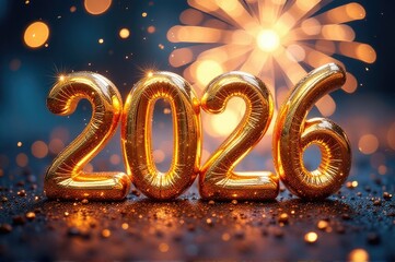 Wall Mural - Colorful balloons and vibrant fireworks create a festive atmosphere..New Year 2026.