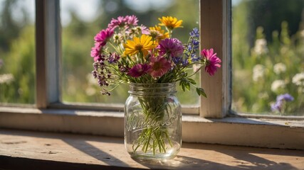 Poster - Bright and Vibrant Wildflowers in a Mason Jar Placed on a Sunlit Windowsill in a Serene Garden During Afternoon Hours