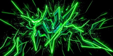 Poster - Abstract green design with glowing lines and shards on a black background creates a dynamic effect