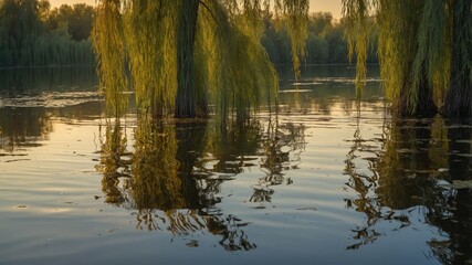 Poster - Sunset Reflects on Tranquil Water With Willow Trees Along the Riverbank in a Serene Nature Setting During Golden Hour