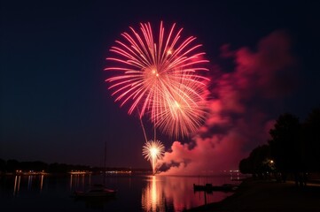 Wall Mural - Large fireworks exploding over calm lake surface..New Year 2026.