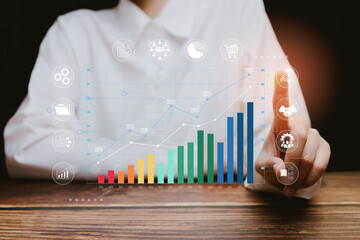 Poster - Businessperson Overseeing Digital Graph with Growth Indicators and Analytics Icons for Finance and Marketing Strategy