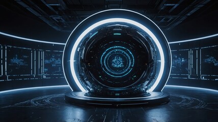 Aufkleber - Futuristic Tech Hub Featuring a Glowing Circular Interface and Holographic Displays Surrounded by Sleek Black Walls During a Digital Experience