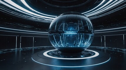 Aufkleber - Futuristic Glass Orb Technology Inside a Dark, Illuminated Circular Chamber With High-Tech Digital Interface Elements