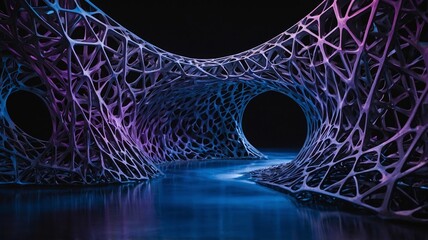 Fototapete - Intricate Geometric Structure Illuminated by Colorful Lights in a Dark Setting Creates a Mesmerizing Visual Experience