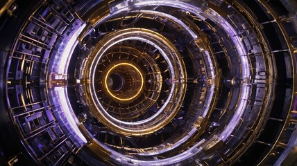 Fototapete - Futuristic Tunnel Design Featuring Circular Patterns With Glowing Lights and Metallic Structures in a Dark Setting