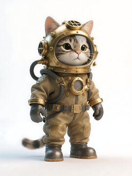 Cute tabby cat wearing vintage diving suit, adorable cartoon kitten in antique brass helmet and khaki overalls, standing against white background, underwater adventure concept, 3D rendering illustrati