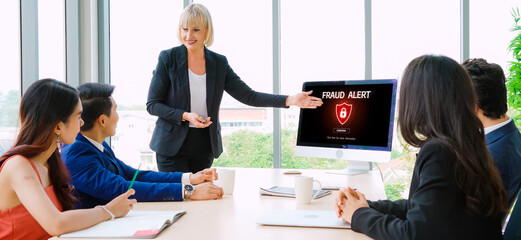 Poster - Cyber security software show alert of cyber attack for protection snugly. Danger from virus, phishing and cyber fraud.