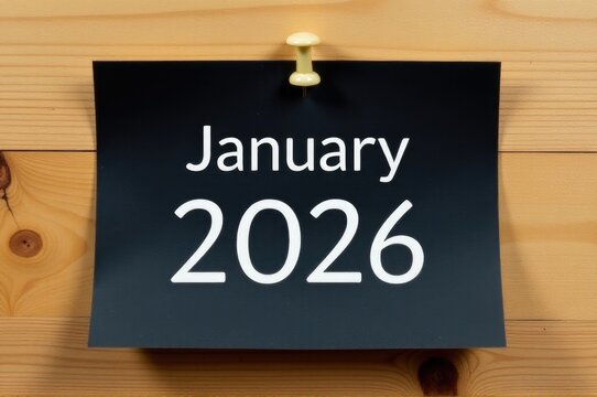 A simple black sign hung on a wooden wall, ideal for use in presentations, exhibitions or as a decorative element..New Year 2026.