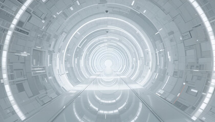 Poster - Clean white futuristic tunnel with a modern design featuring illuminated circles creating a sense of depth and technological advancement.