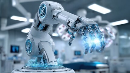 Poster - future robotic arms performing automated medical health care operation for future precision surgical robot and remote control hospital equipment as wide banner design with information hologram