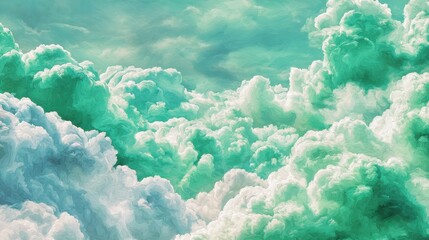 Poster - Green and white clouds watercolor painting.