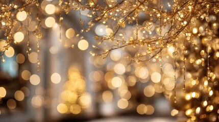 Wall Mural - christmas golden glowing background holiday abstract glitter defocused backdrop with blinking tars a