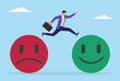 © Sohag sarkar - Vector illustration of a businessman jumping from a sad icon to a happy icon, symbolizing how customer feedback drives positive change and improves overall satisfaction