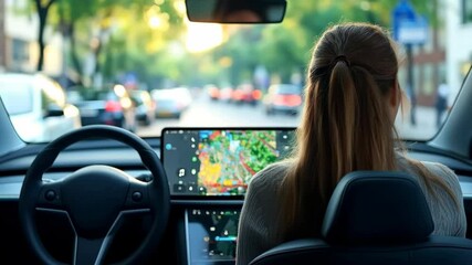 Young woman riding in autonomous self driving taxi using AI driver technology large navigation screen futuristic urban transportation

