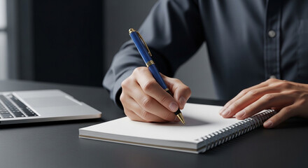 Aufkleber - A person writing on a notepad with a blue pen next to a laptop on a dark colored desk surface