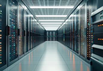 Poster - Bright high-tech server room with illuminated data racks, orange and green indicators, and sleek reflective flooring, ideal for cloud systems, networking, or IT operations visuals