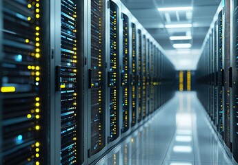Aufkleber - Data server corridor with illuminated yellow and blue lights on reflective surfaces, ideal for cloud infrastructure, network security, big data, or AI-driven technology concepts