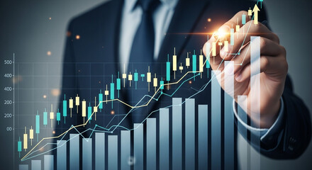 Poster - A businessman analyzing a stock market chart with an upward trend using a digital interface