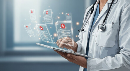 Poster - Doctor using tablet displaying medical records and stethoscope around neck in a healthcare setting