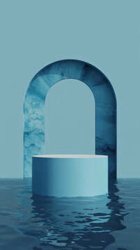 Minimalist 3d rendering of a blue podium on a water surface with an arch backdrop.