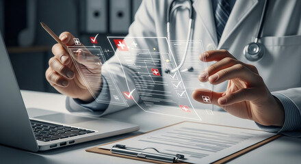 Poster - Doctor interacting with digital medical interface using a stylus in a modern office space