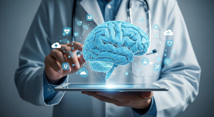 Poster - Doctor holding tablet displaying digital brain model surrounded by medical related icons in a clinic