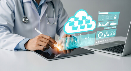 Aufkleber - Doctor using tablet with cloud data interface and laptop for medical information management system