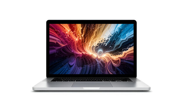Modern silver laptop displays a vibrant abstract artwork in hues of blue, orange, and purple against a clean white background.
