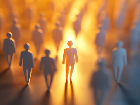 A captivating scene illustrating individuality amidst a crowd, highlighting the unique journey of one person standing out from the rest.