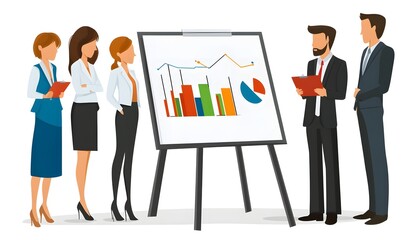 Poster - A group of professionals analyzing data during a business presentation. Charts and graphs displayed highlight key performance indicators and trends.