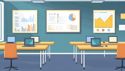 Fototapete - Modern office workspace with charts, data, and computers.
